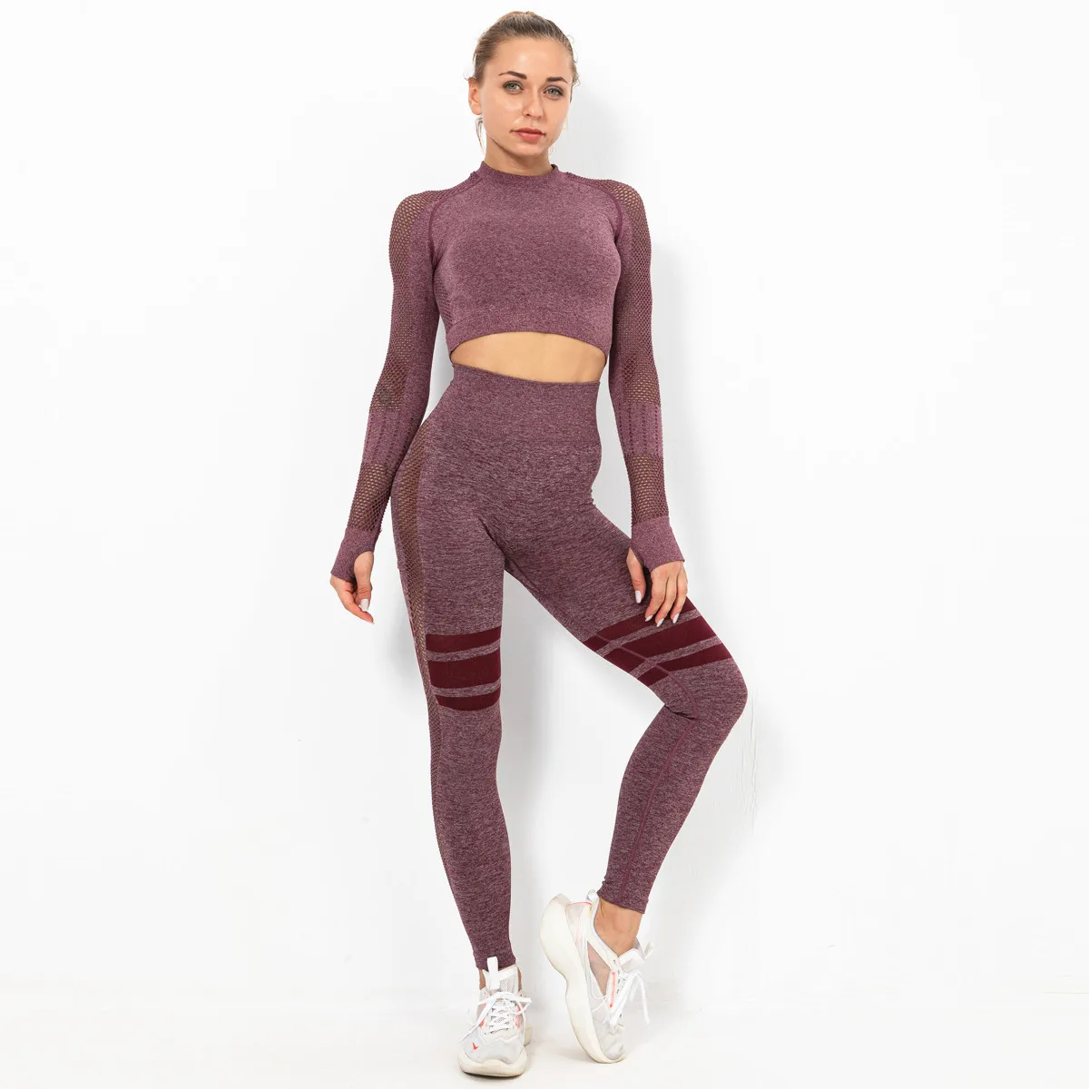 

Women Seamless Yoga Sets Fitness Sports Suits Gym Clothing Long Sleeve Shirts High Waist Running Leggings Workout Pants Tops New