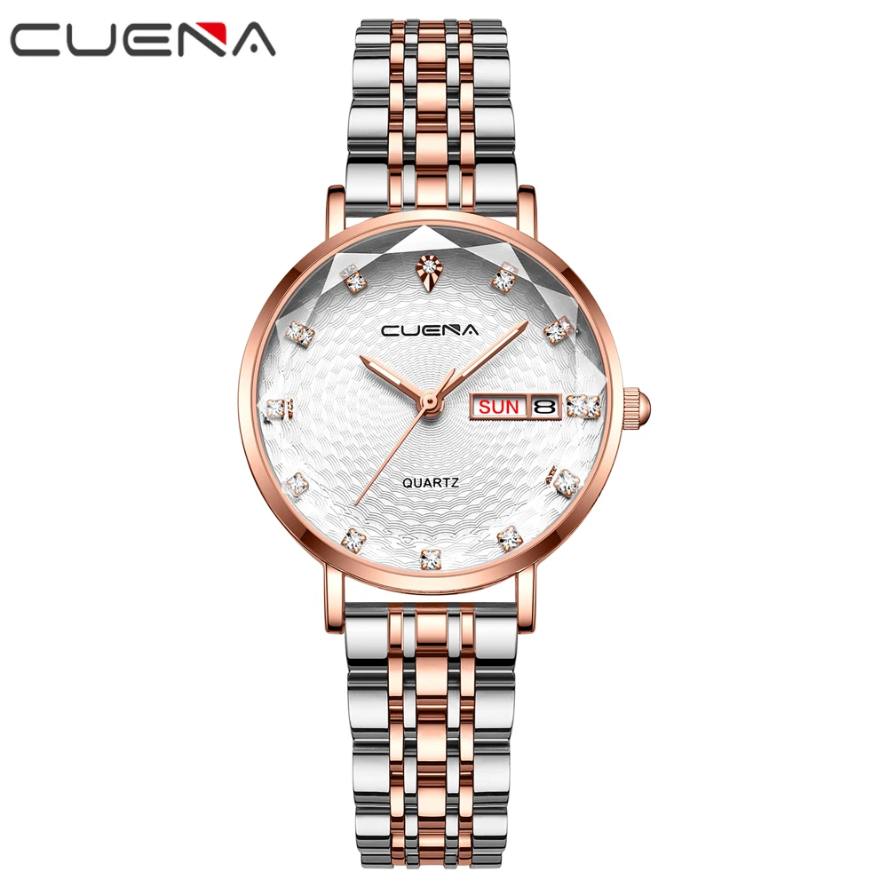

CUENA original factory elegant women diamond rose gold mesh band bracelet Quartz Wrist ladies Watch gift kadinsaat, 5colors
