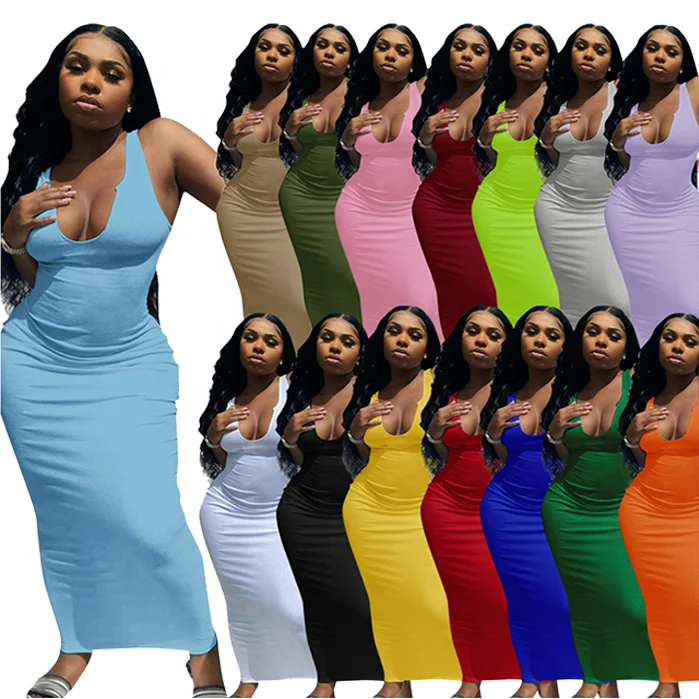 

Rib Knit Simple Round Neck Sleeveless Bodycon Maxi Elegant Women Solid Outfit 2021 Spring Summer Casual Party Long Dress, Black,blue,white,red