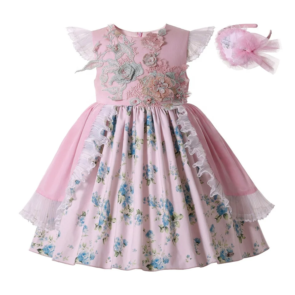 

Pettigirl Blush Pink Summer Flower Dresses For Girls With Fly Sleeves Fancy Appliqued Floral Dress For Teenage Girl