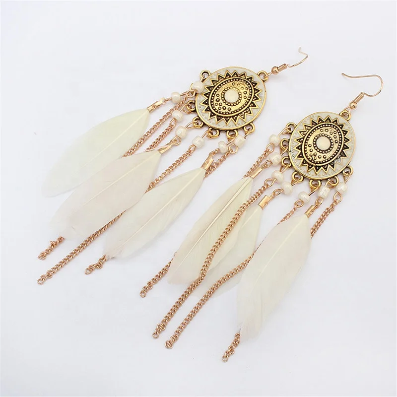 

Boho Long Tassel Earrings Women Feather Style Ethnic Big Dangle Statement Earring, Picture