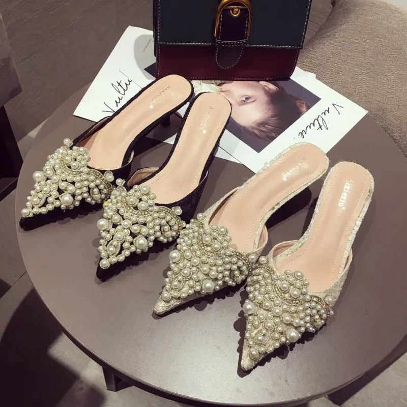 

Spring 2021 Korean version of the fine-heeled medium-heeled beaded rhinestone pointed toe baotou semi-trailer OL women's shoes, 2colors