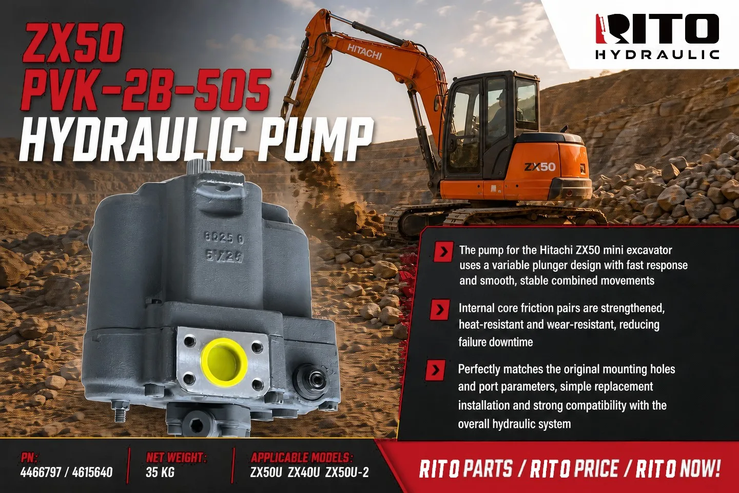 Hitachi ZX40U / ZX50U Hydraulic Pump (PVK-2B-505, 4466797 / 4615640) - RITO HYDRAULIC