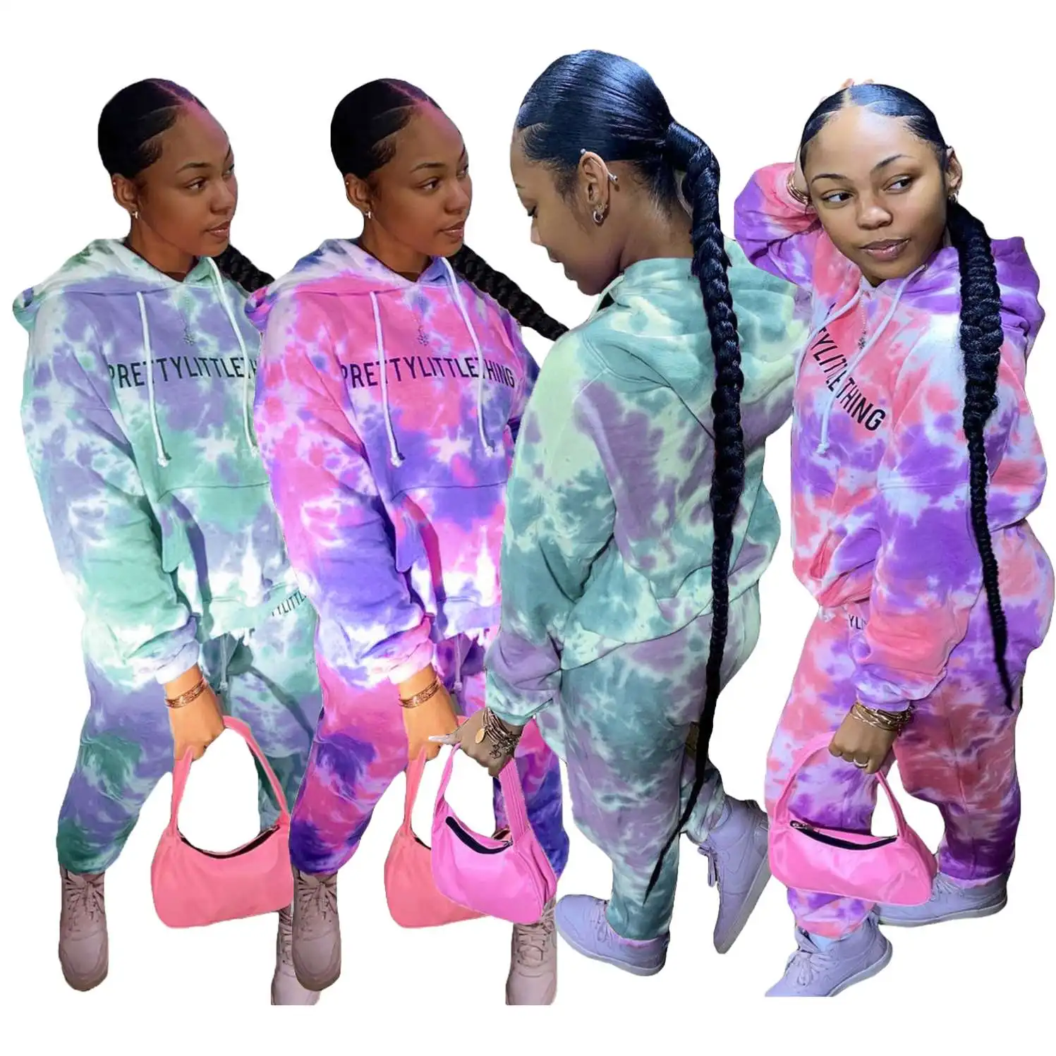 

Women winter and fall two piece sets letter printing two piece sweat suit set fitness jogging hooded two piece set tie dye