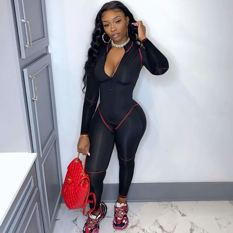 

Womens Black Long Sleeve Skinny One Piece Bodycon Jumpsuit Sportswear Workout Active Wear Rompers 2021 Women Clothes