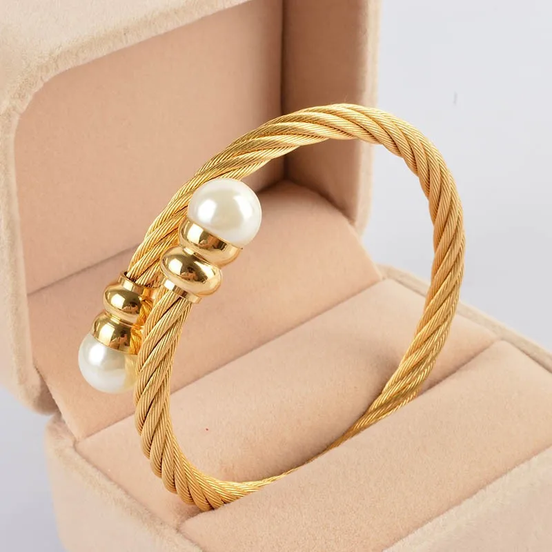 

Wholesale Stainless Steel Open Pearl Bangle Cable Wire Bracelet Gold Plated Pearl Inlaid Twisted Cable Wire Cuff Women Bracelet, Glod/silver/rose
