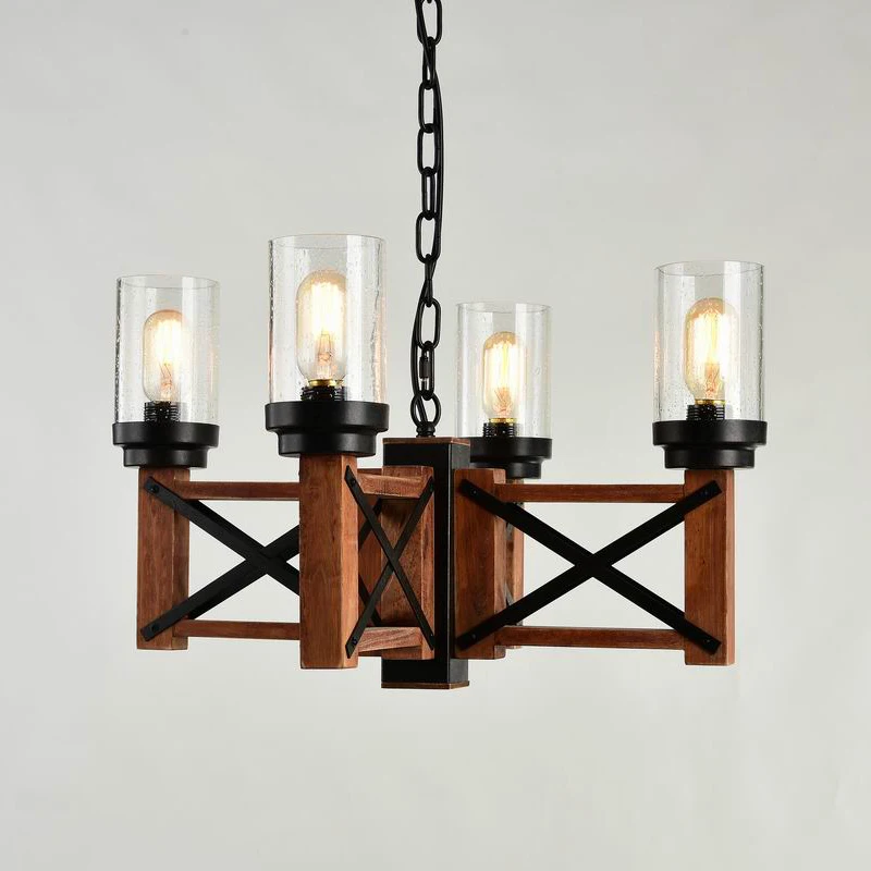 Farmhouse Retangle Chandelier Adjustable Black Iron Wood Large Seeded Glass Shade Pendant Lighting Rustic Sturdy Hanging Light