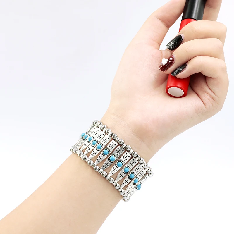 

Retro Bohemia Chunky Wide Bracelet Tibet Silver Diamond Alloy Elastic Stretch Adjustable Bracelet newyorkyankeescap