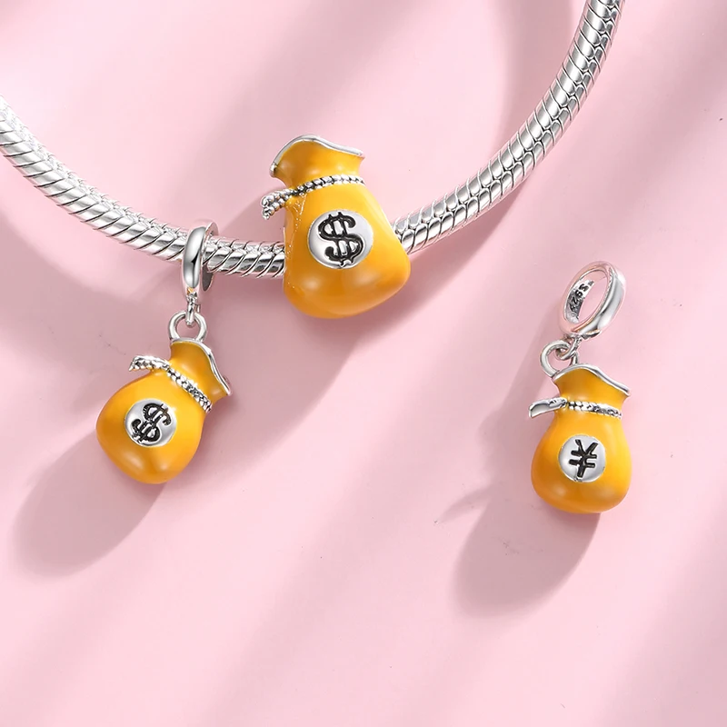 

Real 925 sterling silver Gold Enamel Money Bag Lucky Beads Charms DIY Fashion Pendant for Bracelet women jewelry making bulk