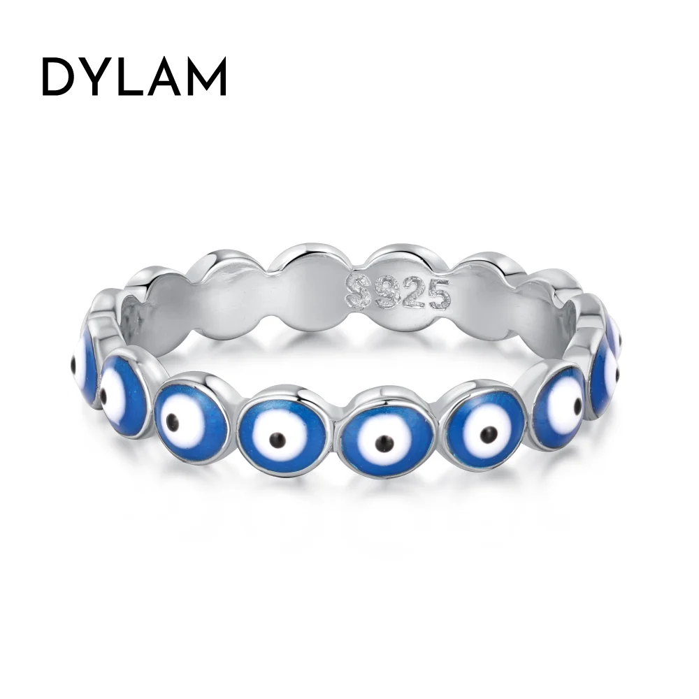 Dylam Fashion Minimalist Design 925 Sterling Silver Rhodium Plated Enamel Blue Eyes Baguette Daily Wear Jewelry Ring