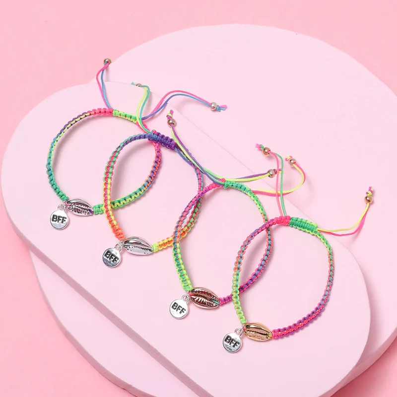 

Custom Girls 4pcs Set Best Friend Braided Bracelets Cute Adjustable Rainbow Shell Charm Bracelets Jewelry Sets, Multi color