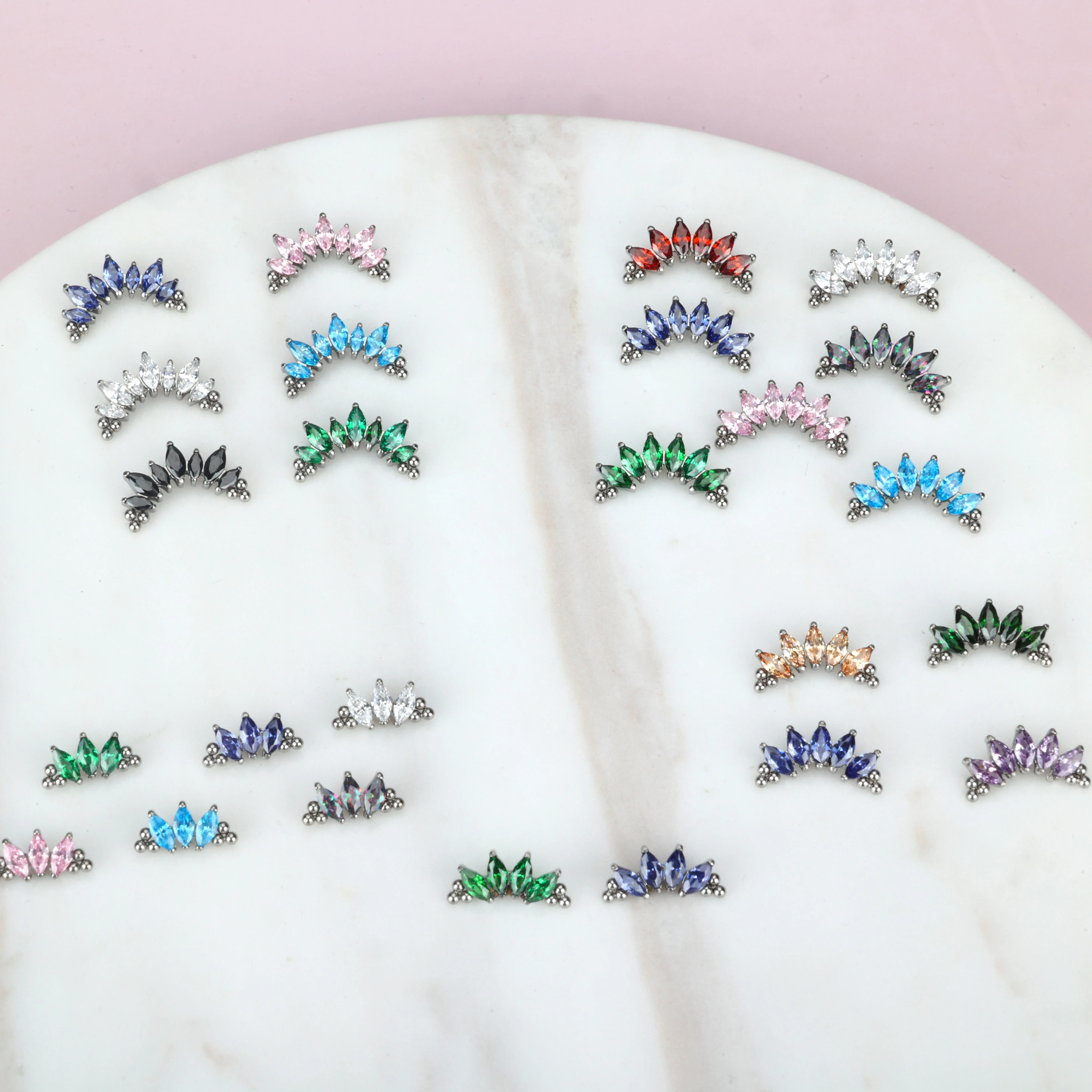 

GZN Piercing Jewelry Titanium Studs 3/5/6/7 Prong Set Marquise CZ With Tri-bead Cluster Internally Threaded Colorful Labret Top