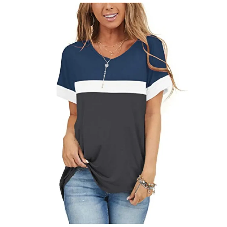 

2021 New Arrival Pure color round short sleeve contrast color stitching T-shirt top