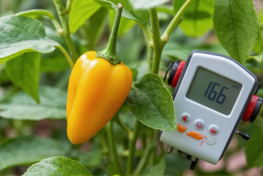 Fresh ghost peppers growing on plant with scientific measurement equipment