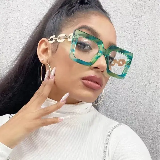 9613 New Unique Chain 2202 Anti-blue Light Eyeglasses Frame Women Square Fashion Oversized Green Leopard Clear Computer Glasses