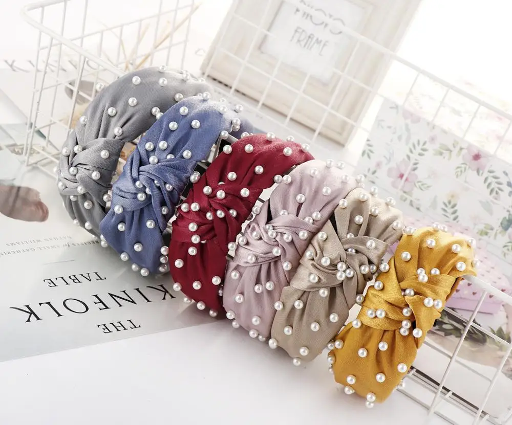 

Fashion Wholesale White Pearl Wide Knotted Headbands For Girl 2020, Multi