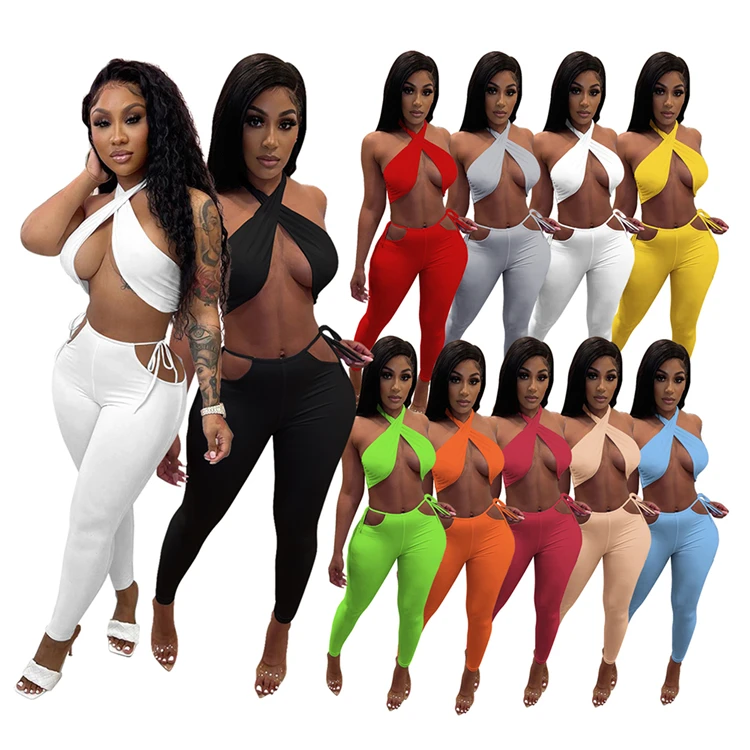 

2021 Trendy Ladies Sexy 2 Piece Outfits Halter Tops Pants Summer Plus Szie Women Clothing Two Piece Set