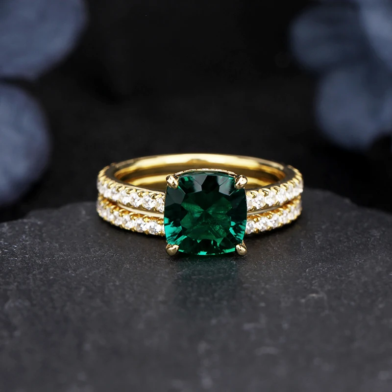 

14k Solid Gold 2.0Ct Cusion Cut Lab Created Emerald Engagement Ring Set Luxury Gemstone Ring Unique Gift For Lover