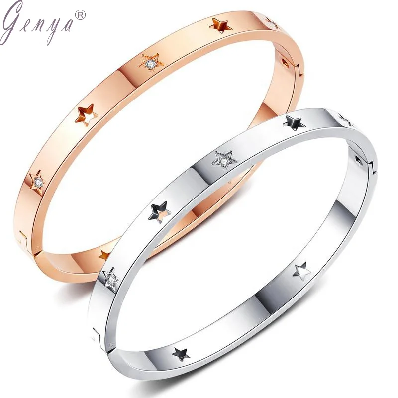 

Genya Jewelers Stainless Steel Bracelet Hollow Stars with Diamond Open Clasp Classical Plain Bangle Bracelet Jewelry Accessories, Picture