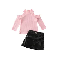 

2020 Fashion Infant Baby Girls Kids Clothes Sets Long Sleeve Knit Off Shoulder Pullover Sweater Tops PU Skirt Outfit 1-5Y