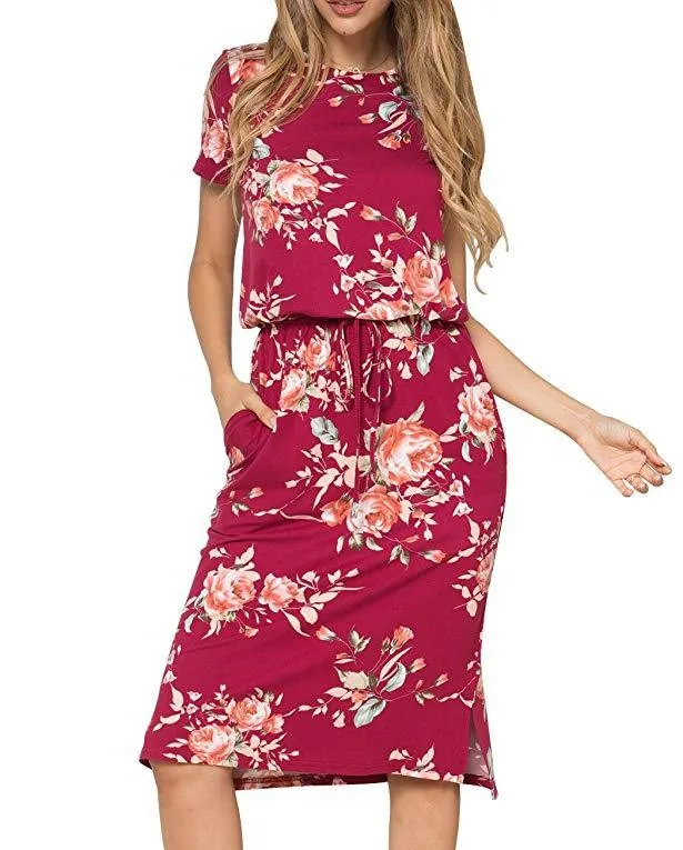 

Sexy Lady Floral Print Summer Dress With Pockets Drawstring Waist Round Neck Short Sleeve Dress A-line Bifurcation Casual Dress, As the pictures shown