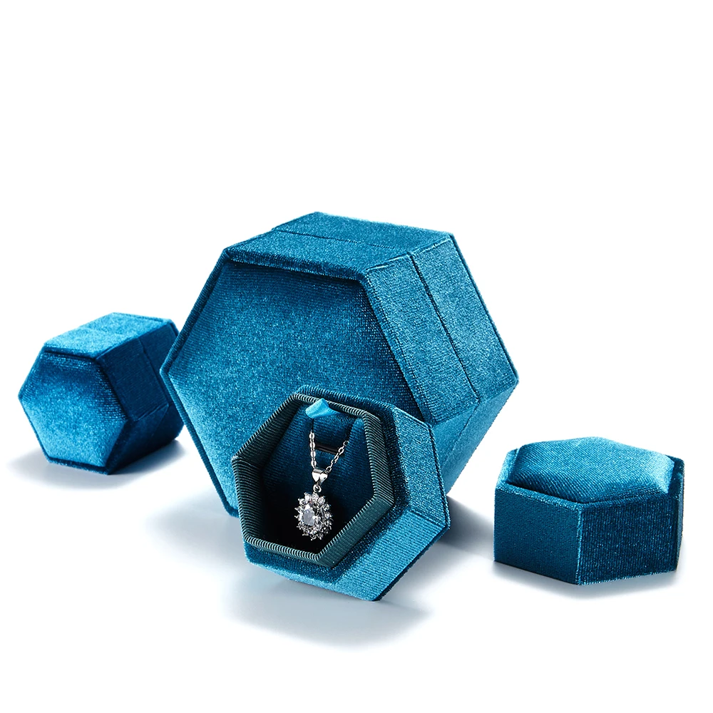 

New launched custom big unique hexagon design Pink Royalblue Green Grey Red Blue girl luxury fashion velvet jewelry ring box