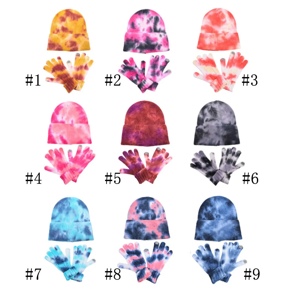 

New style tie-dye knitted hat and gloves two-piece fashion cycling warmer wholesale, 6 colors