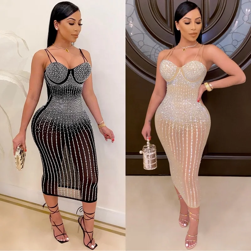 

European And American Sexy Lady Night Club Bodycon Sequined Diamond Mesh Transparent Strap Dresses Women Trendy Evening Dresses, Black,apricot