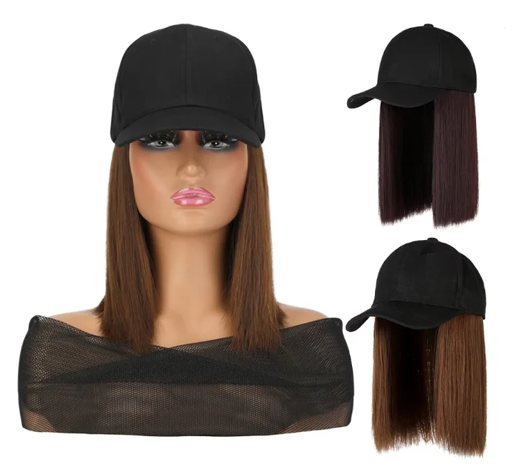 Hat Wigs Short Straight Bob Hair Wig With Baseball Hat for Women Girls Synthetic Heat Resistant Hair Wigs With Adjustable Hat
