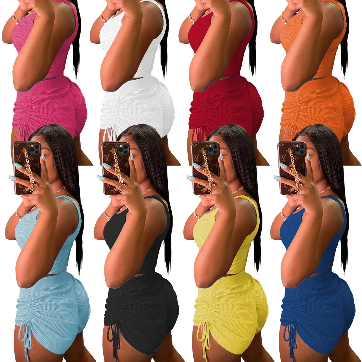 

Women Solid Color Stacked SHorts Drawstring Lace Up Sleevelss Top Two Piece Set