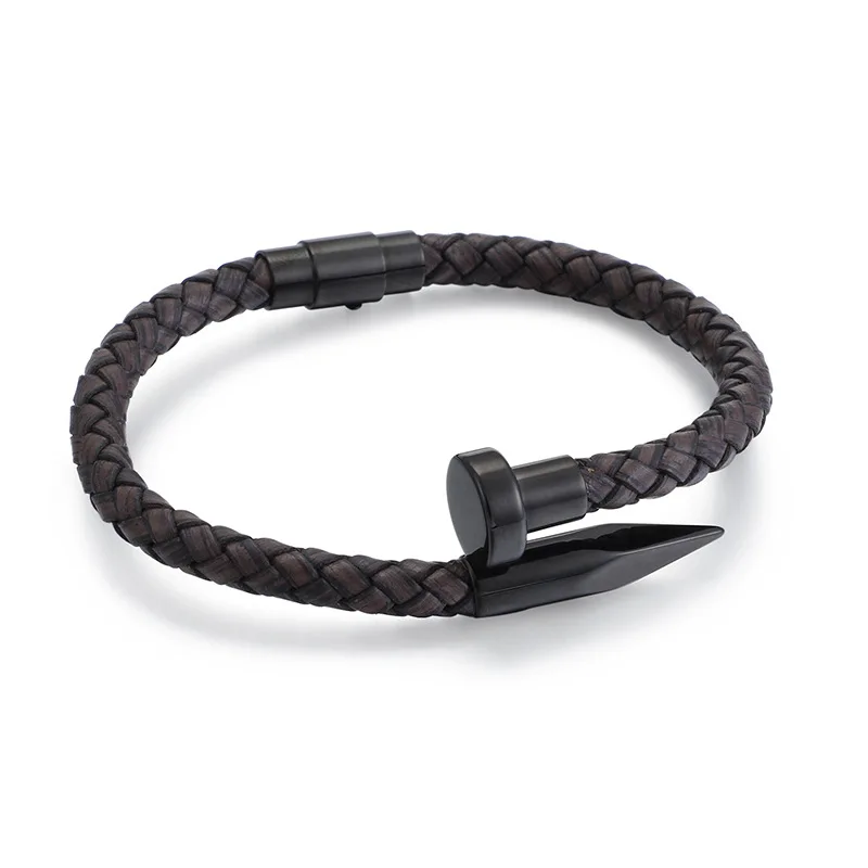 

2021 New Arrival Punk Cowhide Leather Rope Braided Stainless Steel Magnetic Clasp Nail Bracelet For Men, Picture shows