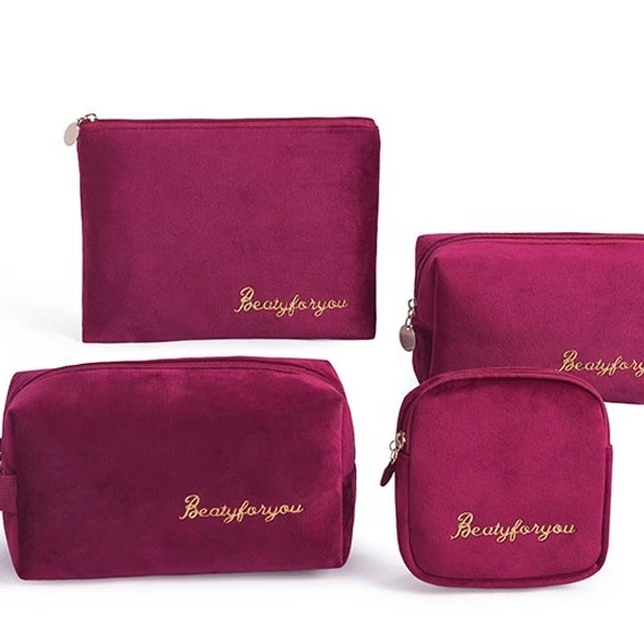 

Wholesale custom logo Lady Red Beauty Cosmetic Pouch Golden Embroidery Velvet Makeup Bag Set, Customized