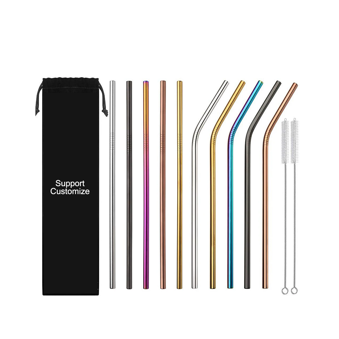 

304 Stainless Steel Multi Colors Portable Drinking Straws with Bag for Juice Milk Drinks 6x215mm, Silver/black/dazzle/gold