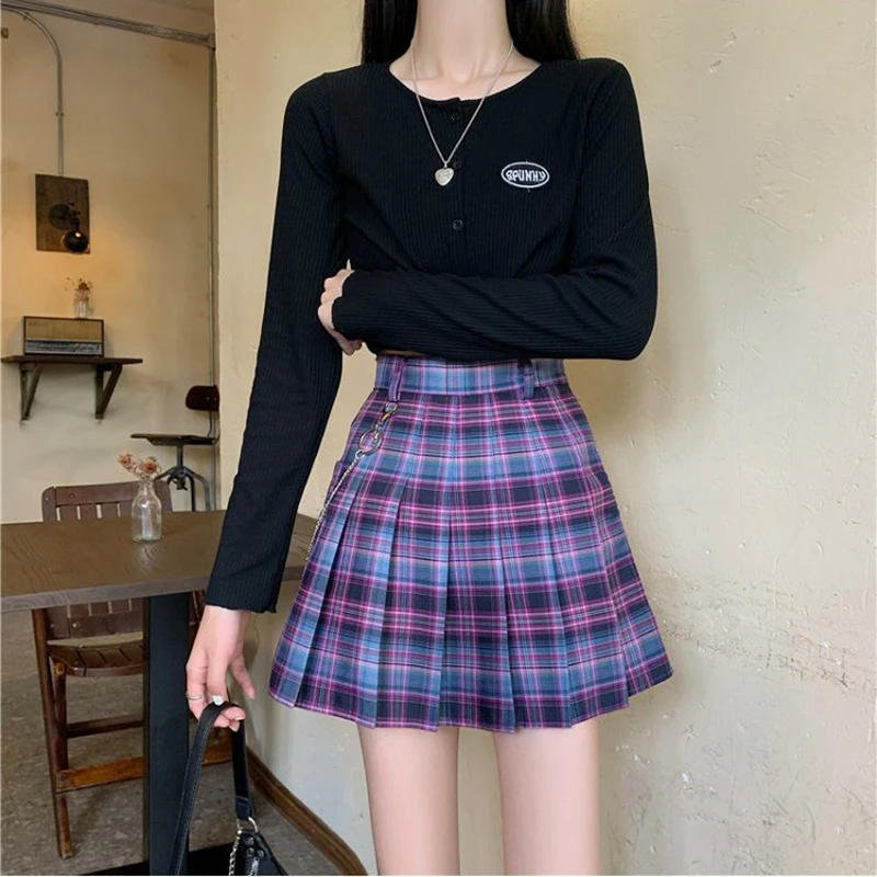 

CUHAKCI Harajuku Women Purple Plaid Skirts Female Cute Pleated Mini Short High Waist Skirt Gothic Girls Preppy Style Summer, Purple grid