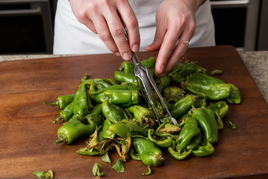 Chef's hands blending roasted poblano peppers in kitchen