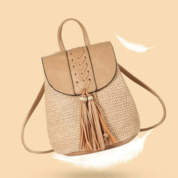 

Fashion Hand Woven Straw Woven Bag Beach Leather Tassel Travel Backpack for Women Girls Ladies