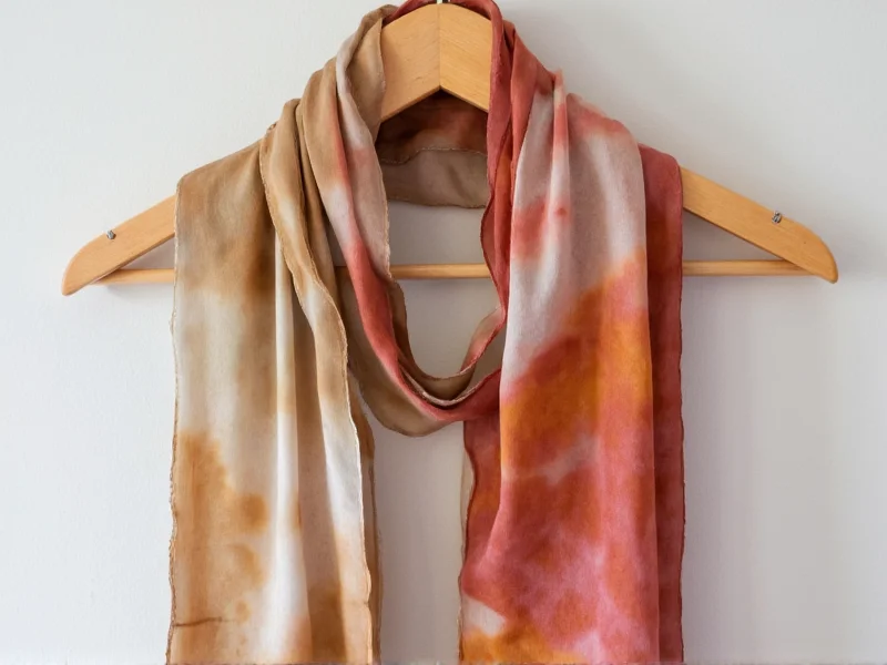 Hand-dyed silk scarves in earthy tones on wooden hanger
