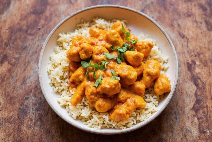 Chicken tikka masala served with naan, basmati rice, and cucumber raita on a traditional Indian platter