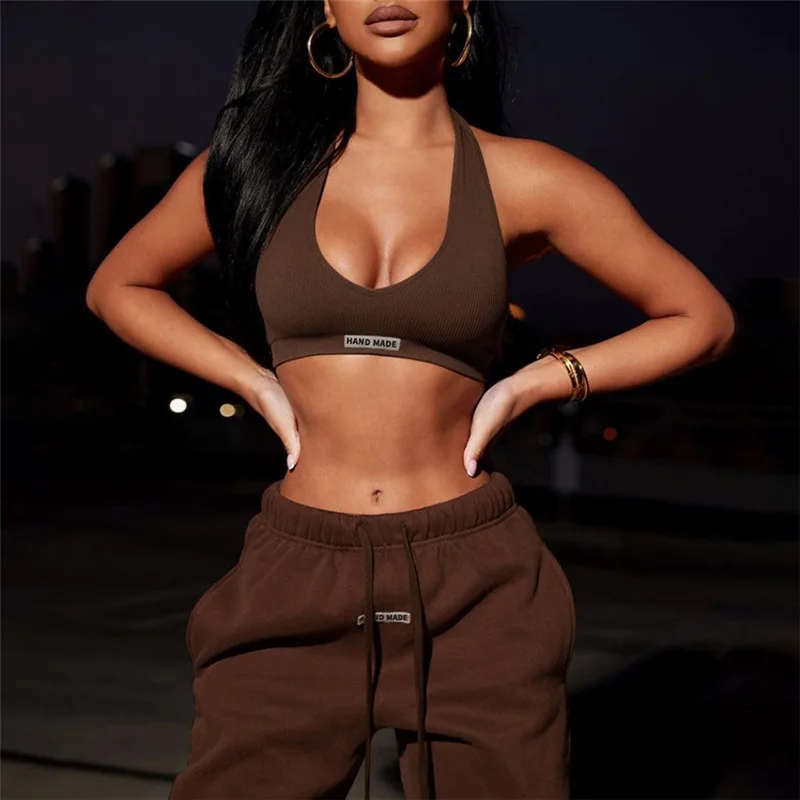 

Sleeveless Sexy Women Fitness Yoga Set Women 2 Piece Yoga Low Cut Bra Set Women Seamless Fitness Wear, As picture