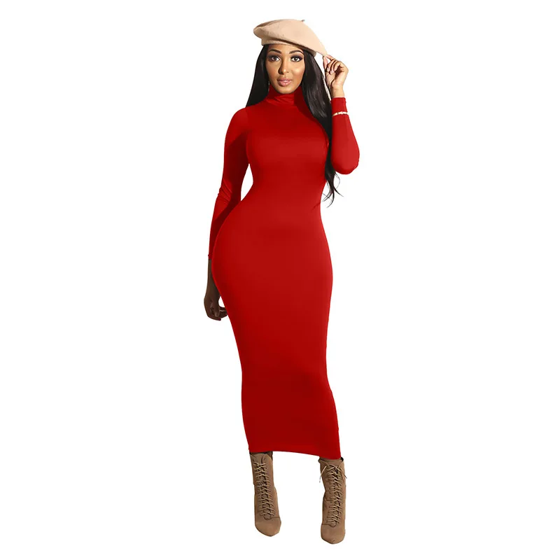 

Fashion Style Solid Color Full Sleeve High Collar Back Zipper Slim Elastic Pencil long maxi dress, White, black, red, royalblue