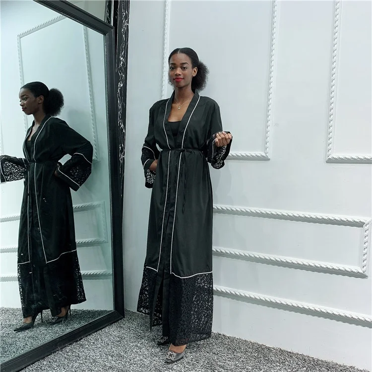 

High quality open lace abaya kimono cardigan muslim women dress African Pakistan kaftan Dubai abaya, Black