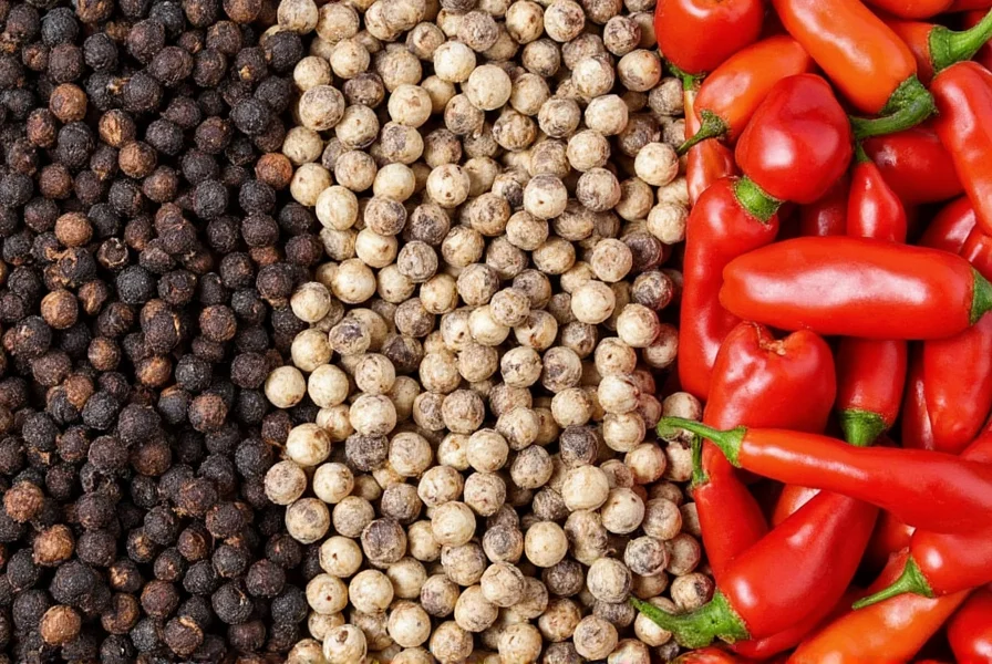 Close-up view of different pepper varieties showing black peppercorns, white peppercorns, and various chili peppers for comparison of why some people find pepper yucky