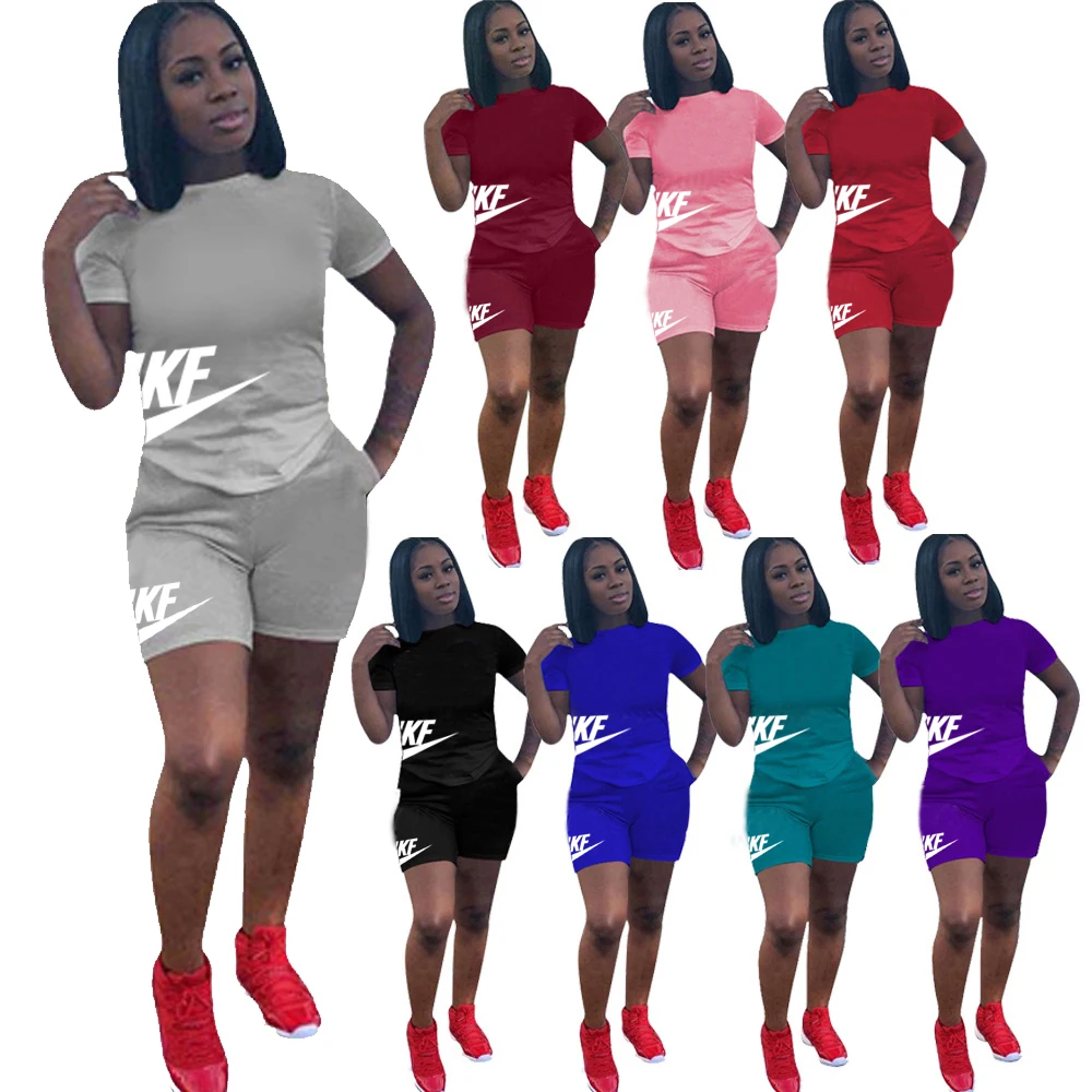 

OJW040269 Plastic Short Sleeve Round Neck Letter Print Casual Women Shorts 2 Piece Sets made in China