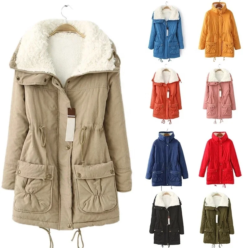 

Fleece Winter Jacket Women Thick Warm Casual Slim Cotton Padded Ladies Parka Solid Fur Collar Jacket Outerwear Coats, 11 colors