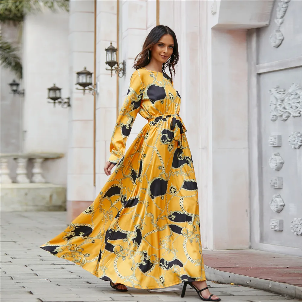 

Muslim Modest Fashion Dubai Style Printed Flora Long Sleeve Dress Maxi Abaya Ladies New Design Kaftan Islamic Dress, White, yellow