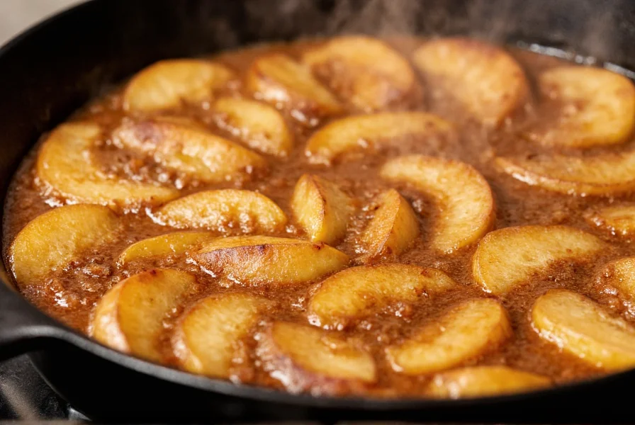 Close-up of golden-brown cinnamon apples simmering in a cast iron skillet with visible cinnamon swirls and steam rising