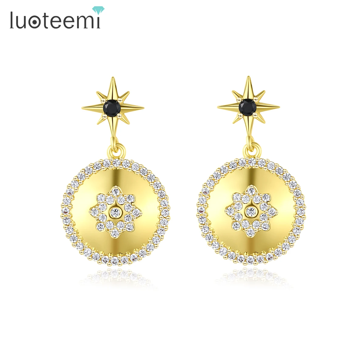 

LUOTEEMI Statement 18K Gold Plated Earrings Women Six Pointed Star Stud Micro Insert Cubic Zirconia CZ Geometric Round Earrings