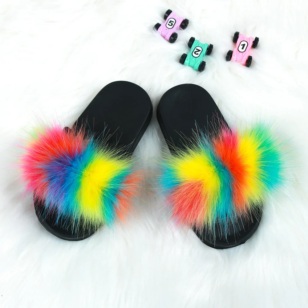 

Kids Fur Slippers Faux Fur Home Slides Child Furry Flat Sandals Girls Cute Fluffy Shoes Plush Cozy Luxurious Comfortable