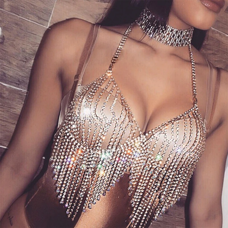 

2022 Hot Sale Sexy Beach Jewelry Diamond Crystal Tassel Body Chain Bikini Chest Chain Rhinestone Underwear Bra, Siliver,gold
