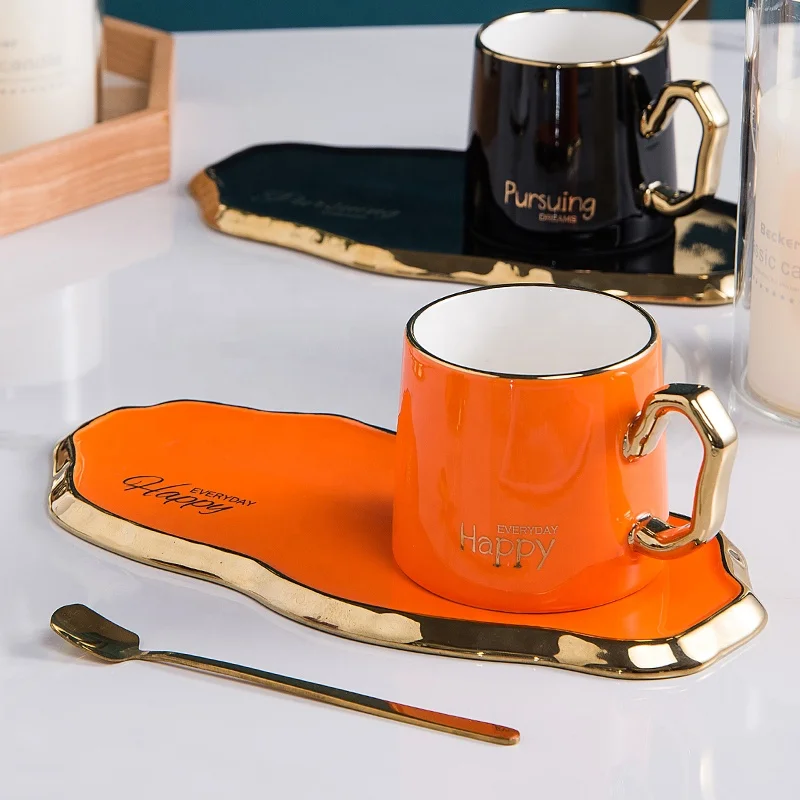 

[Jixi Brand]Wholesale Nordic Style Home Ceramic Coffee Cups Mugs Irregular Golden Handle Ceramic Coffee Cup And Saucer Sets, As the picture show